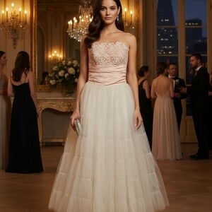 VINTAGE Elegant Strapless Lace Evening Gown